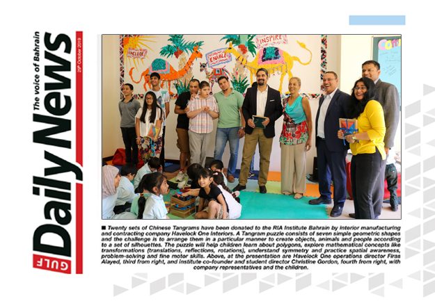 Havelock One donated Tangrams to RIA Institute Bahrain PR coverage - by GDN